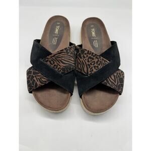 Tom’s Paloma Sandals Brown Black Platform Espadrille Leather Slides Womens Sz 9